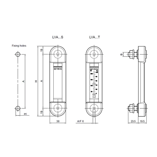 Dimension drawing of the LVA type level indicator