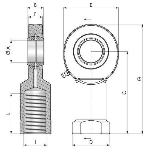 Dimensional drawing of the SC..ES type threaded rod end