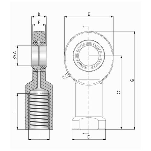 Dimensional drawing of the SC..ES 2RS threaded rod end