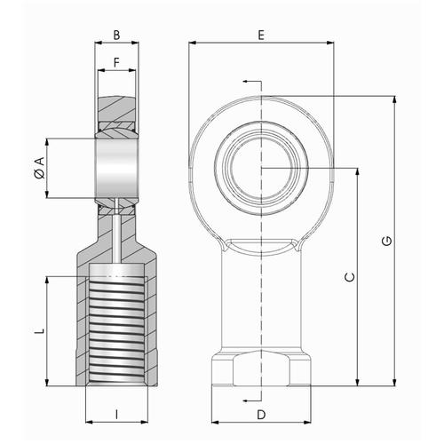 Dimensional drawing of the SC..UK 2RS type threaded rod end