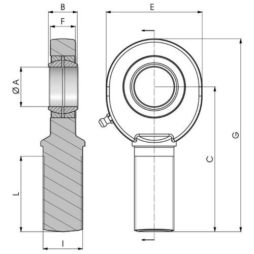 Dimension drawing of SD..ES type male threaded rod end
