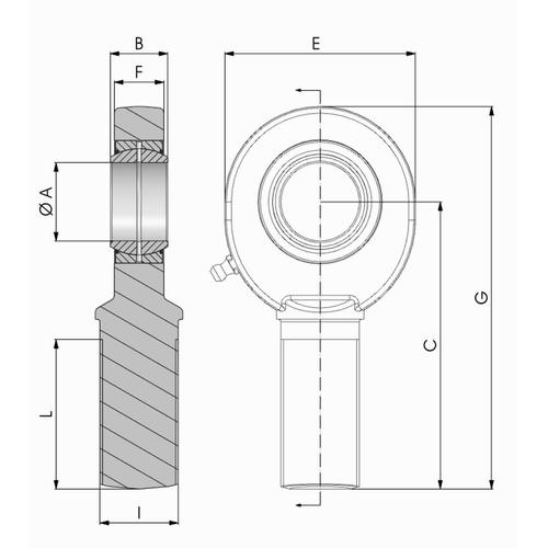 Dimensional drawing of the SD..ES 2RS type external threaded rod end