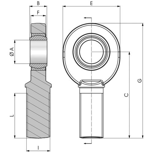 Dimension drawing of SD..UK type male threaded rod end