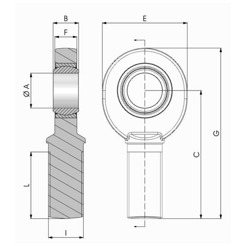 Dimension drawing of SD..UK 2RS type male threaded rod end