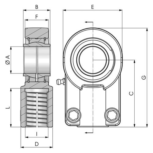 Dimension drawing of SN..CE type threaded rod end