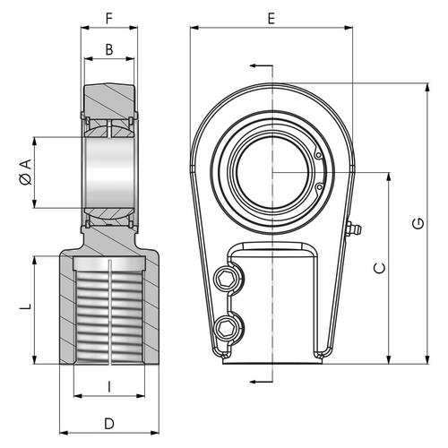 Dimensional drawing of the SN..GAS type threaded rod end