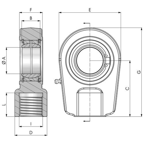 Dimensional drawing of the SN..N type threaded rod end