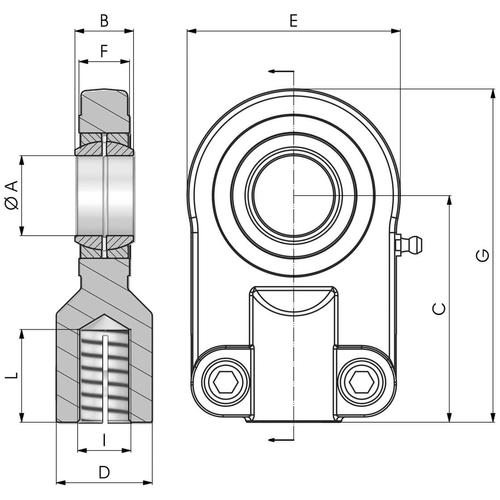 Dimensional drawing of SN..S type threaded rod end